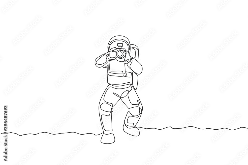 Poster single continuous line drawing astronaut doing photography with dslr camera in moon surface. having 