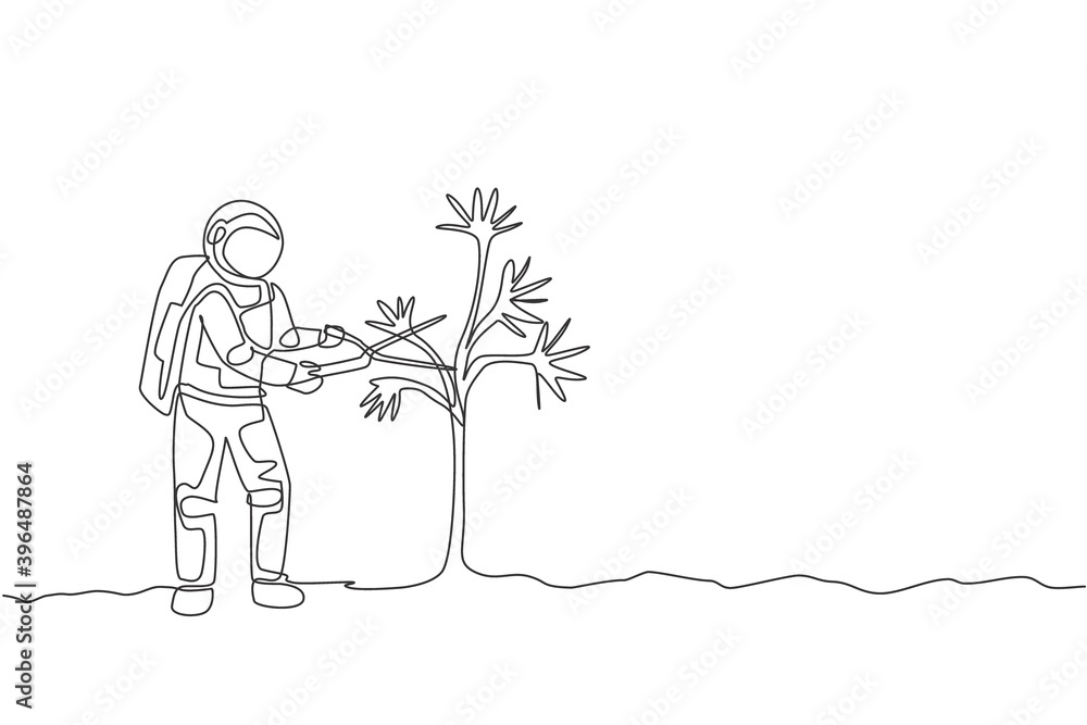 Poster one single line drawing of astronaut cutting tree leaf using gardening scissor in moon surface vecto
