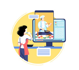 Online cooking education. Woman watch display with video of chef teacher at kitchen, internet culinary master class. Virtual food preparing course with professional cook. Vector