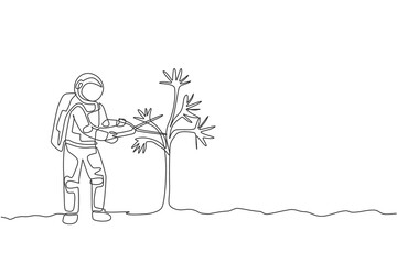 One single line drawing of astronaut cutting tree leaf using gardening scissor in moon surface vector graphic illustration. Outer space gardening concept. Modern continuous line draw design