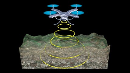 Ground penetrating radar Drone GPR scanning earth. GPR emits scan signals to detect object below surface , underground structures and  formations. 3d render illustration