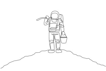 Single continuous line drawing of cosmonaut carrying bucket and hoe on shoulder while standing in moon surface. Galaxy astronaut farming life concept. Trendy one line draw design vector illustration