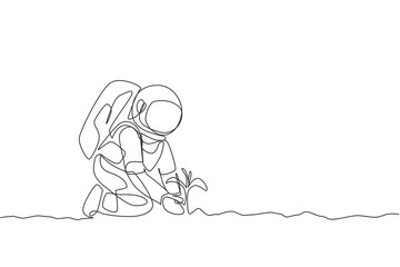 One continuous line drawing of spaceman planting new species tree seed carefully in moon surface. Deep space farming astronaut concept. Dynamic single line draw design vector graphic illustration