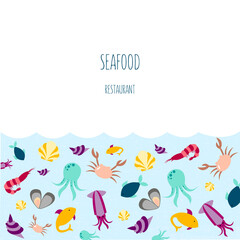 Vector illustration of sea animals for seafood restaurant or café banner, poster, clothes, logo, advertisement design. Pattern for template, signage, billboard, printing, booklet, package, menu design