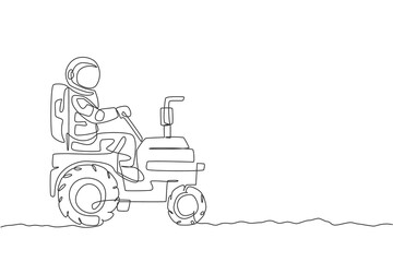 Single continuous line drawing of cosmonaut riding tractor to leveling and flattening the ground in moon surface. Galaxy astronaut farming life concept. Trendy one line draw design vector illustration