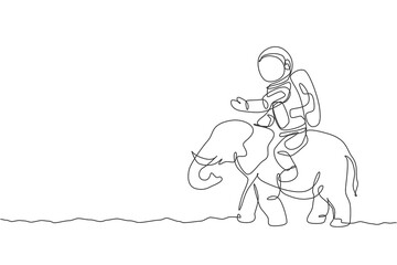 Fototapeta na wymiar One continuous line drawing of cosmonaut with spacesuit riding Aisan elephant, wild animal in moon surface. Astronaut zoo safari journey concept. Trendy single line draw design vector illustration