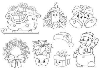 Coloring book for kids. Merry Christmas theme. Cheerful characters. Vector illustration. Cute cartoon style. Black contour silhouette. Isolated on white background.
