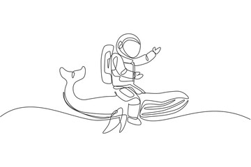 One continuous line drawing of spaceman take a walk riding a blue whale, giant mammal animal in galaxy nebula. Deep space journey concept. Dynamic single line draw design vector illustration graphic