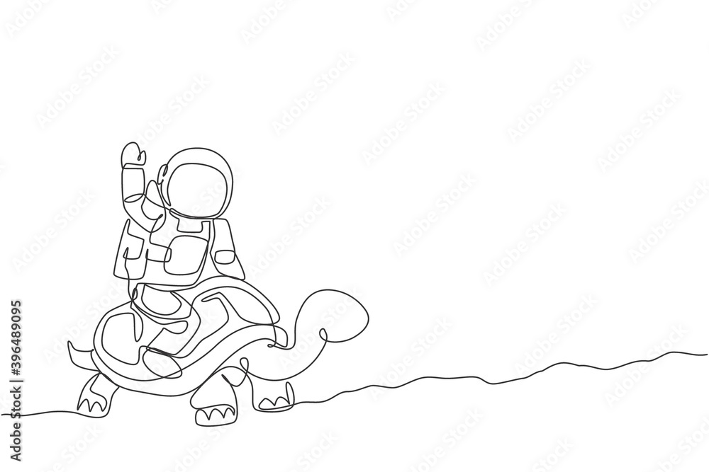 Poster single continuous line drawing of cosmonaut with spacesuit riding tortoise and waving hand in moon s
