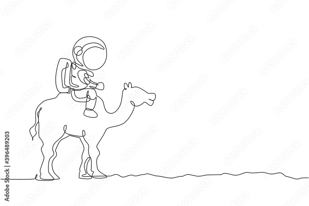 Poster single continuous line drawing of cosmonaut with spacesuit riding desert camel, farm animal in moon 