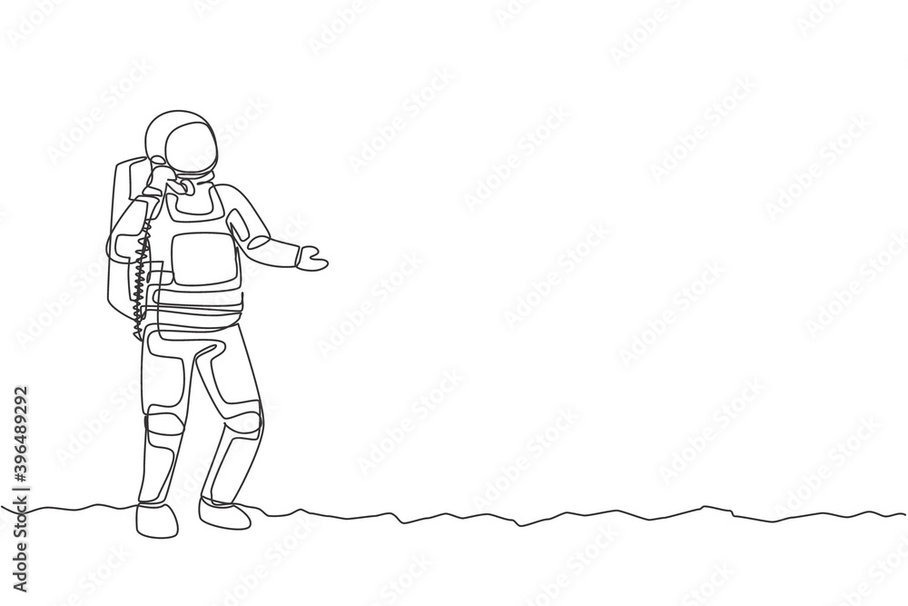 Poster one single line drawing of cosmonaut in moon surface make an emergency call to colleague vector illu