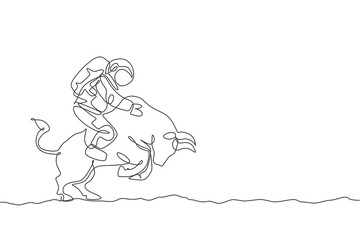 Fototapeta na wymiar One single line drawing of astronaut riding angry bull, wild animal in moon surface vector graphic illustration. Cosmonaut safari journey concept. Modern continuous line draw design