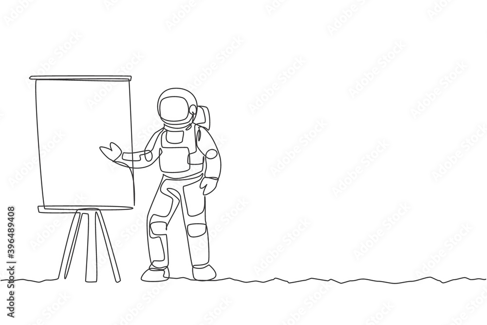Poster one single line drawing cosmonaut giving business strategy presentation at meeting graphic vector il