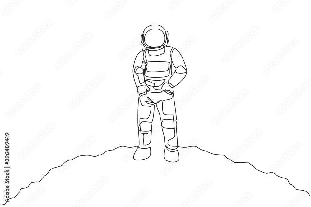 Poster one continuous line drawing of young spaceman on spacesuit put hands in pockets in moon surface. ast