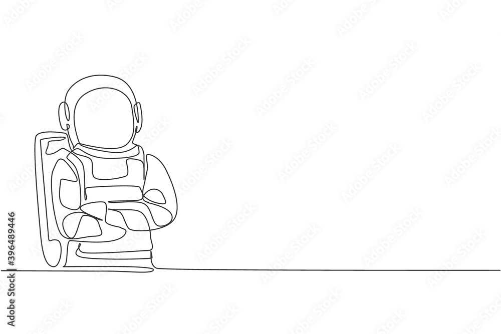 Poster one single line drawing of cosmonaut standing pose with style while crossed hands on chest vector il