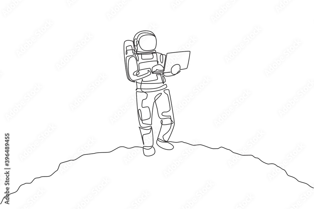 Poster single continuous line drawing of astronaut standing in moon surface while typing using laptop. busi