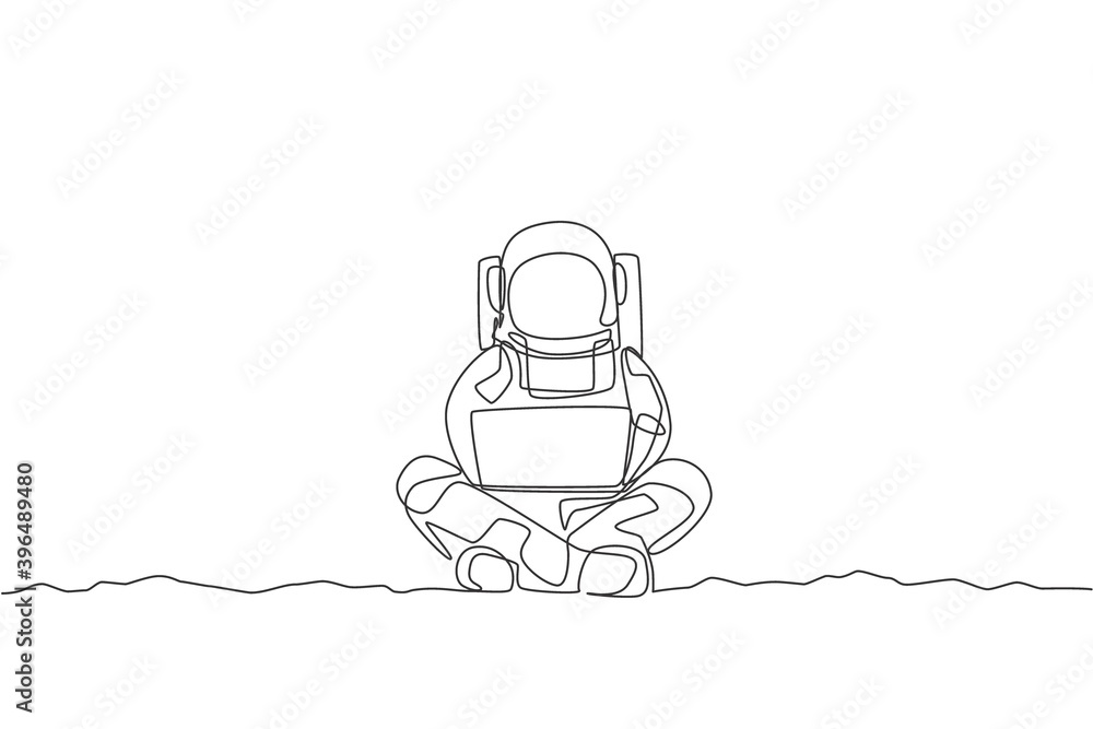 Poster one continuous line drawing of young spaceman on spacesuit sitting in moon surface while typing. ast