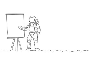 One single line drawing cosmonaut giving business strategy presentation at meeting graphic vector illustration. Astronaut business office with outer space concept. Modern continuous line draw design