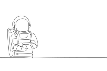 One single line drawing of cosmonaut standing pose with style while crossed hands on chest vector illustration. Astronaut business office with outer space concept. Modern continuous line draw design