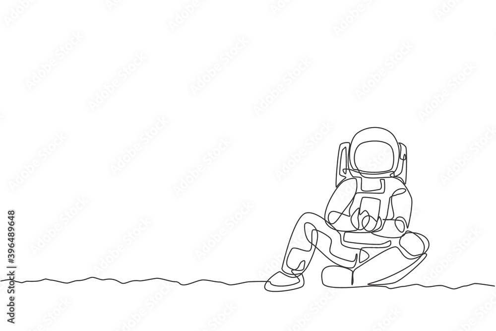 Poster one continuous line drawing of young spaceman on spacesuit siting relax on moon surface while textin