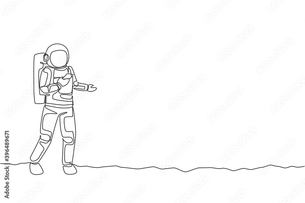 Poster single continuous line drawing astronaut in moon surface texting his partner using smartphone. busin