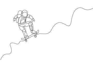 Single continuous line drawing of astronaut riding skateboard on moon surface. Space astronomy galaxy sport concept. Trendy one line draw design graphic vector illustration