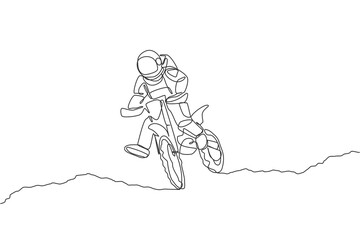 One single line drawing spaceman astronaut practicing motocross in cosmic galaxy vector illustration. Healthy outer space cosmonaut lifestyle sport concept. Modern continuous line graphic draw design