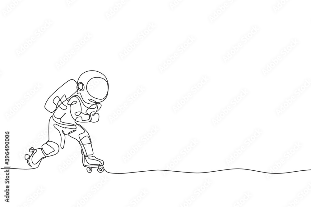 Aufkleber one continuous line drawing of astronaut using roller skates on moon surface, deep space galaxy. spa