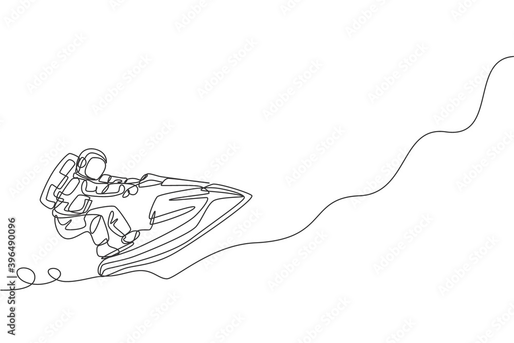 Poster single continuous line drawing of astronaut using jetski on moon surface, outer deep space. space as