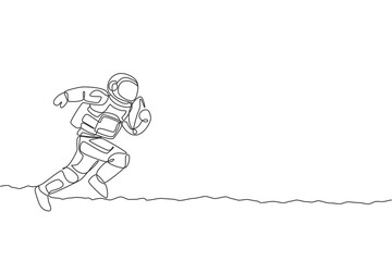 One continuous line drawing of astronaut practicing American football in deep space galaxy. Spaceman healthy fitness sport concept. Dynamic single line draw design vector illustration graphic