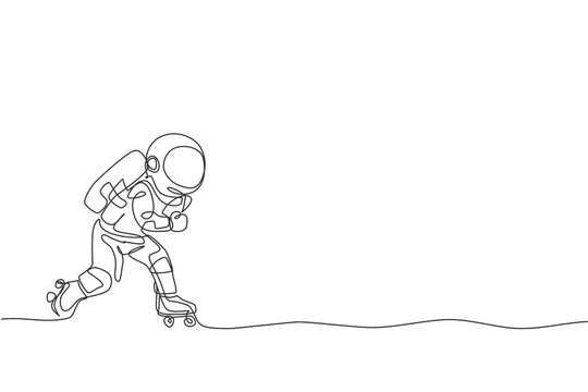 recommend clip art: One continuous line drawing of astronaut using roller skates on moon surface, deep space galaxy. Spaceman healthy fitness sport concept. Dynamic single line draw design vector graphic illustration