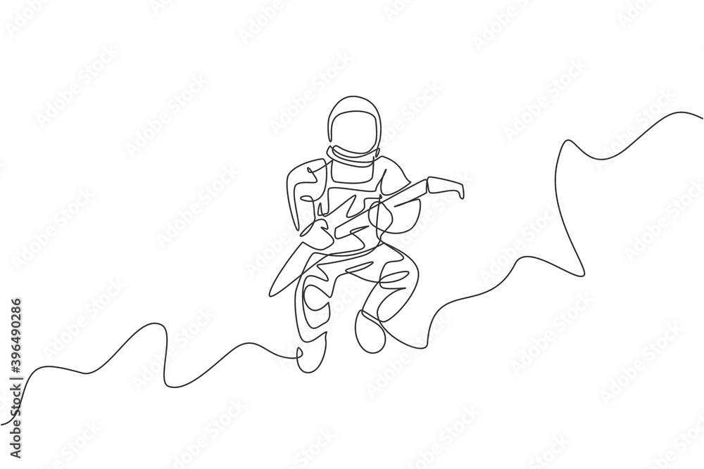 Poster one continuous line drawing of astronaut with spacesuit playing electric guitar in galaxy universe. 