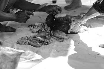 Showing details on the side of the navy sneakers. Sneakers are very popular with teenagers because of their simple and fashionable appearance. Space for your ad. A sneaker mockup.