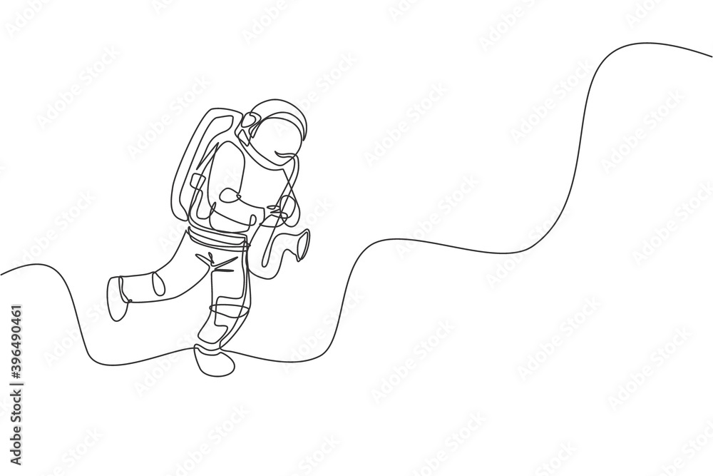 Poster one continuous line drawing astronaut with spacesuit playing saxophone in galaxy universe. outer spa