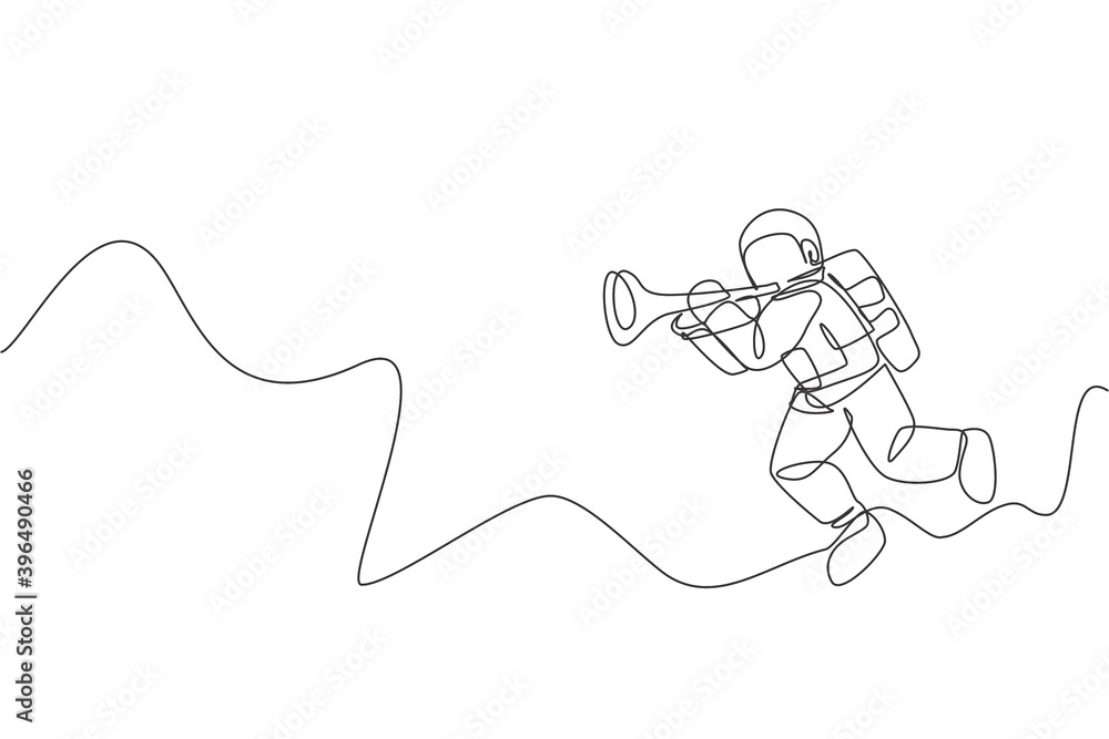 Poster one continuous line drawing of astronaut with spacesuit playing trumpet in galaxy universe. outer sp