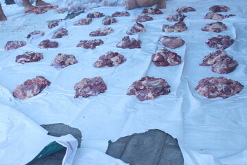 Sacrificial meat that has been chopped and weighed. Ready to be distributed and donated to people...