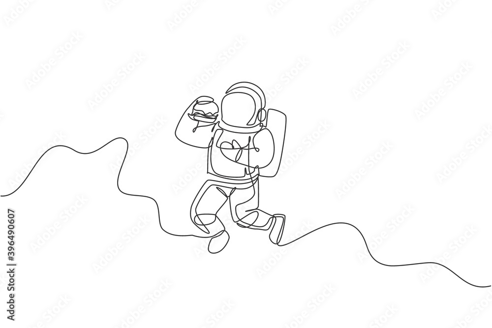 Poster one continuous line drawing of cosmonaut eating fresh delicious burger in galactic universe. fantasy