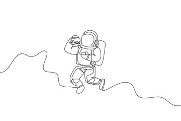 One continuous line drawing of cosmonaut eating fresh delicious burger in galactic universe. Fantasy outer space astronaut life concept. Dynamic single line draw design vector illustration graphic