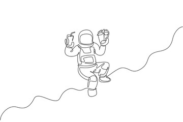 One single line drawing of astronaut flying in cosmos galaxy while holding soft soda drink and french fries vector illustration. Fantasy outer space life concept. Modern continuous line draw design