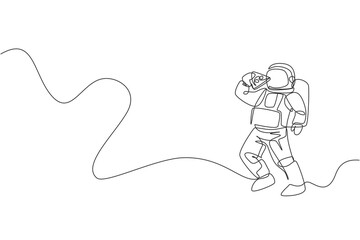 One single line drawing astronaut flying in cosmos galaxy while eating delicious spicy Italian pizza vector graphic illustration. Fantasy outer space life concept. Modern continuous line draw design