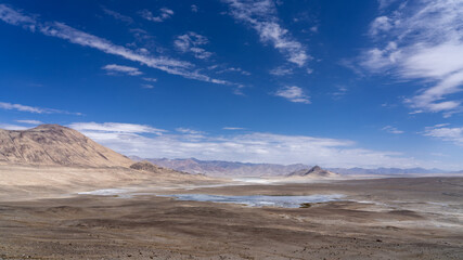 Panoramic view of high-altitude Tuzkul salt lake with mountain background along the Pamir Highway between Bulunkul and Alichur in Gorno-Badakshan, Tajikistan