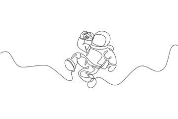 Single continuous line drawing of spaceman relaxing and eating sweet glazed donut in nebula galaxy. Fantasy fiction of outer space life concept. Trendy one line draw design graphic vector illustration