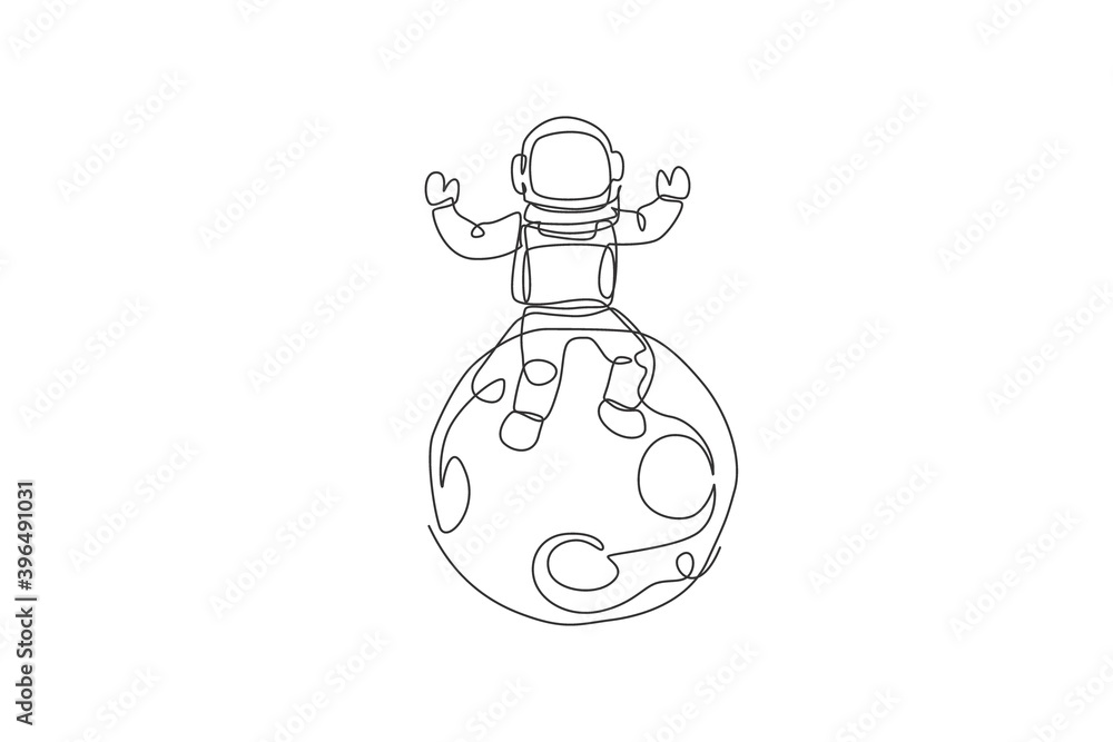 Poster single continuous line drawing of floating science astronaut in spacewalk and sitting on full moon. 
