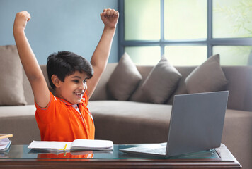 A YOUNG BOY ACTIVELY PARTICIPATING IN ONLINE CLASS	