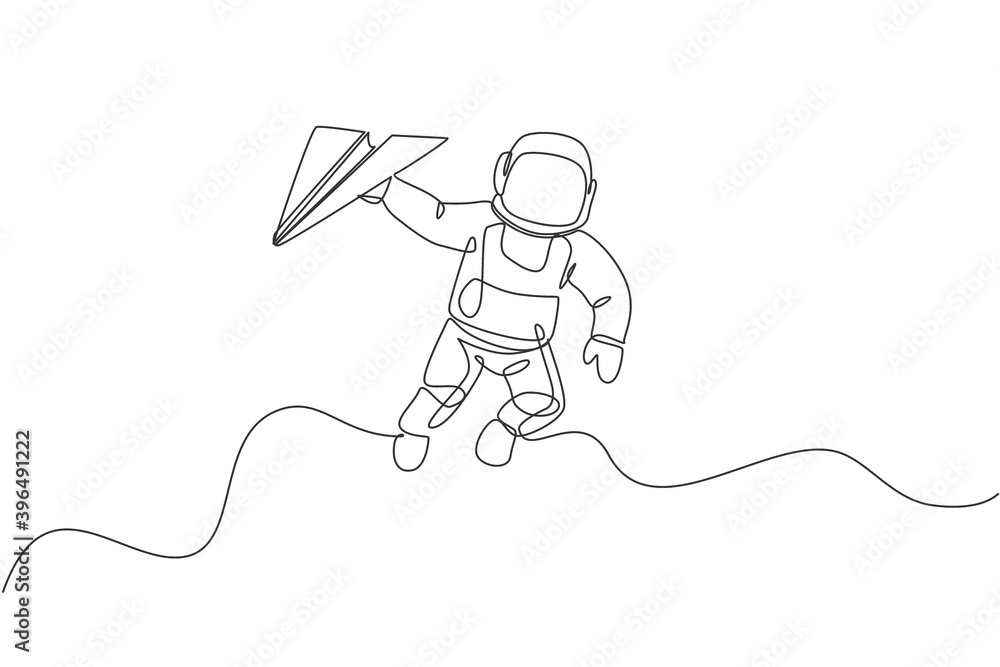 Poster one continuous line drawing of cosmonaut exploring outer space. astronaut holding paper plane. fanta