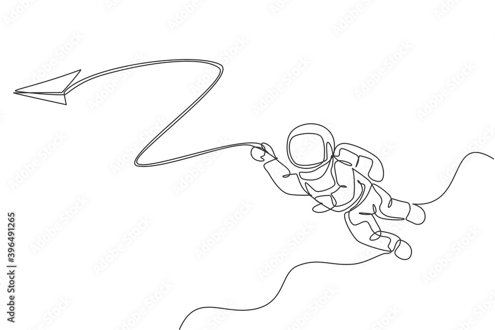 Poster one single line drawing space man astronaut exploring cosmic galaxy, playing with paper plane graphi