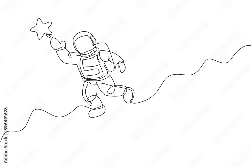 Poster one continuous line drawing of cosmonaut exploring outer space. astronaut reaching flying star. fant