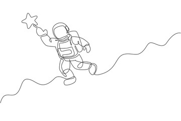 One continuous line drawing of cosmonaut exploring outer space. Astronaut reaching flying star. Fantasy cosmic galaxy discovery concept. Dynamic single line draw graphic design vector illustration
