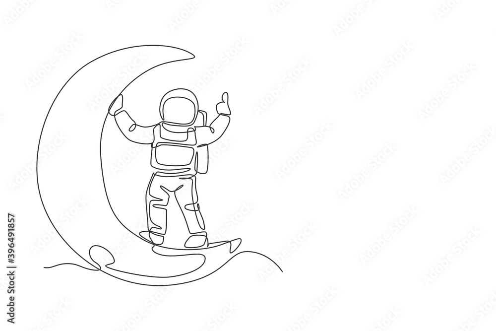 Poster one continuous line drawing cosmonaut exploring outer space. astronaut standing on crescent moot. fa