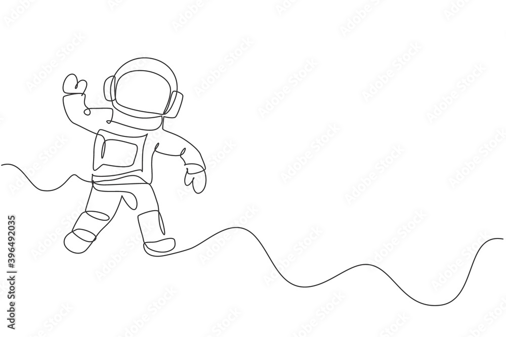 Poster one continuous line drawing of young astronaut scientist exploring outer space in retro style. space